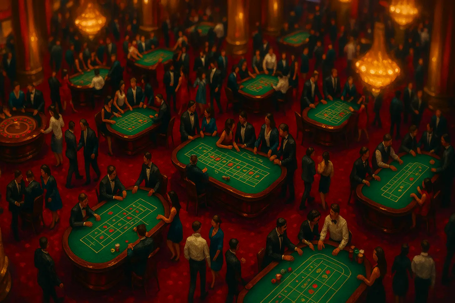 Salón de casino con mesas de juego y arañas doradas