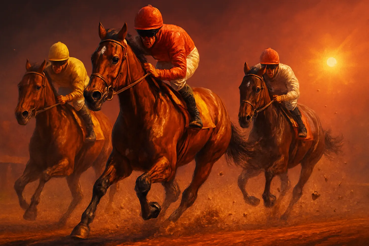 Carrera de caballos al atardecer
