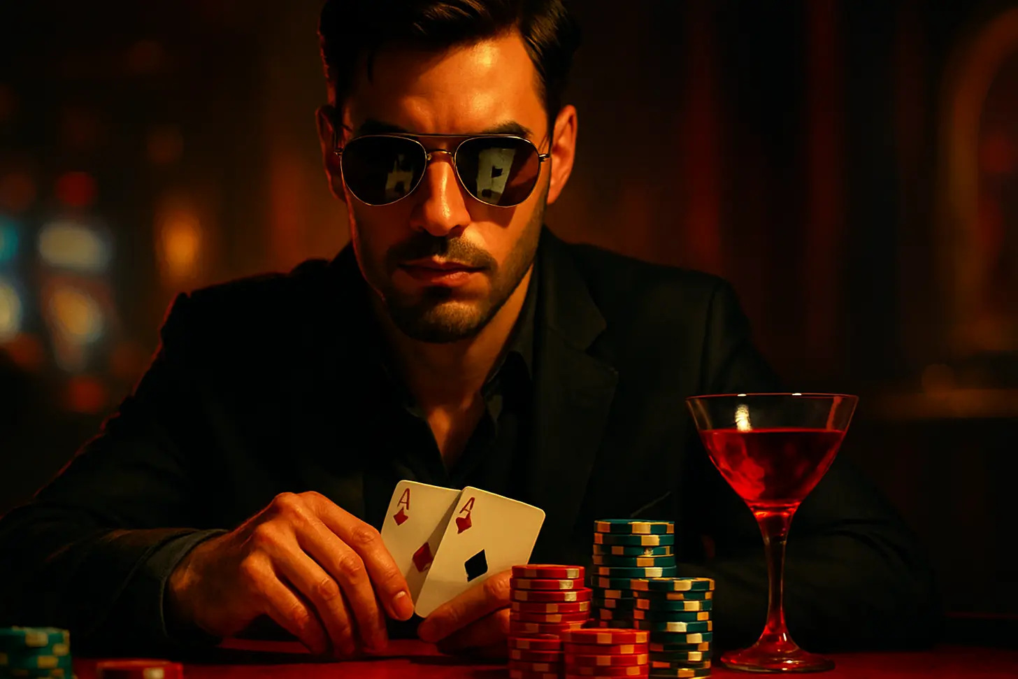 Jugador de póker con gafas y fichas