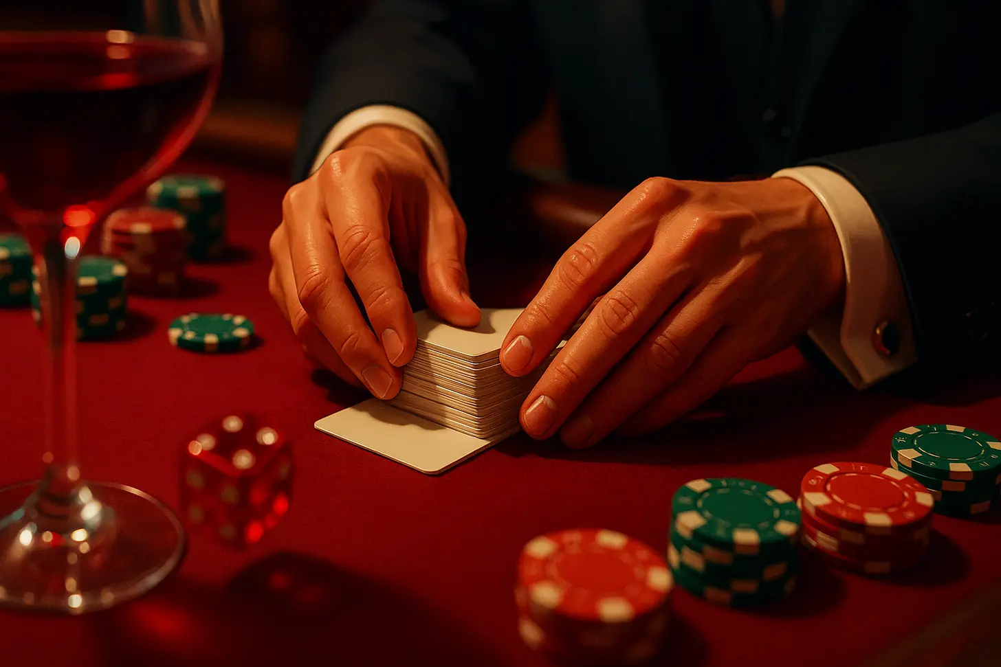 Mesa de casino Play595 con cartas y fichas sobre el tapete