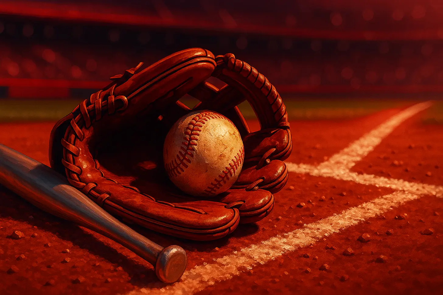 Guante, pelota y bate de béisbol en el campo