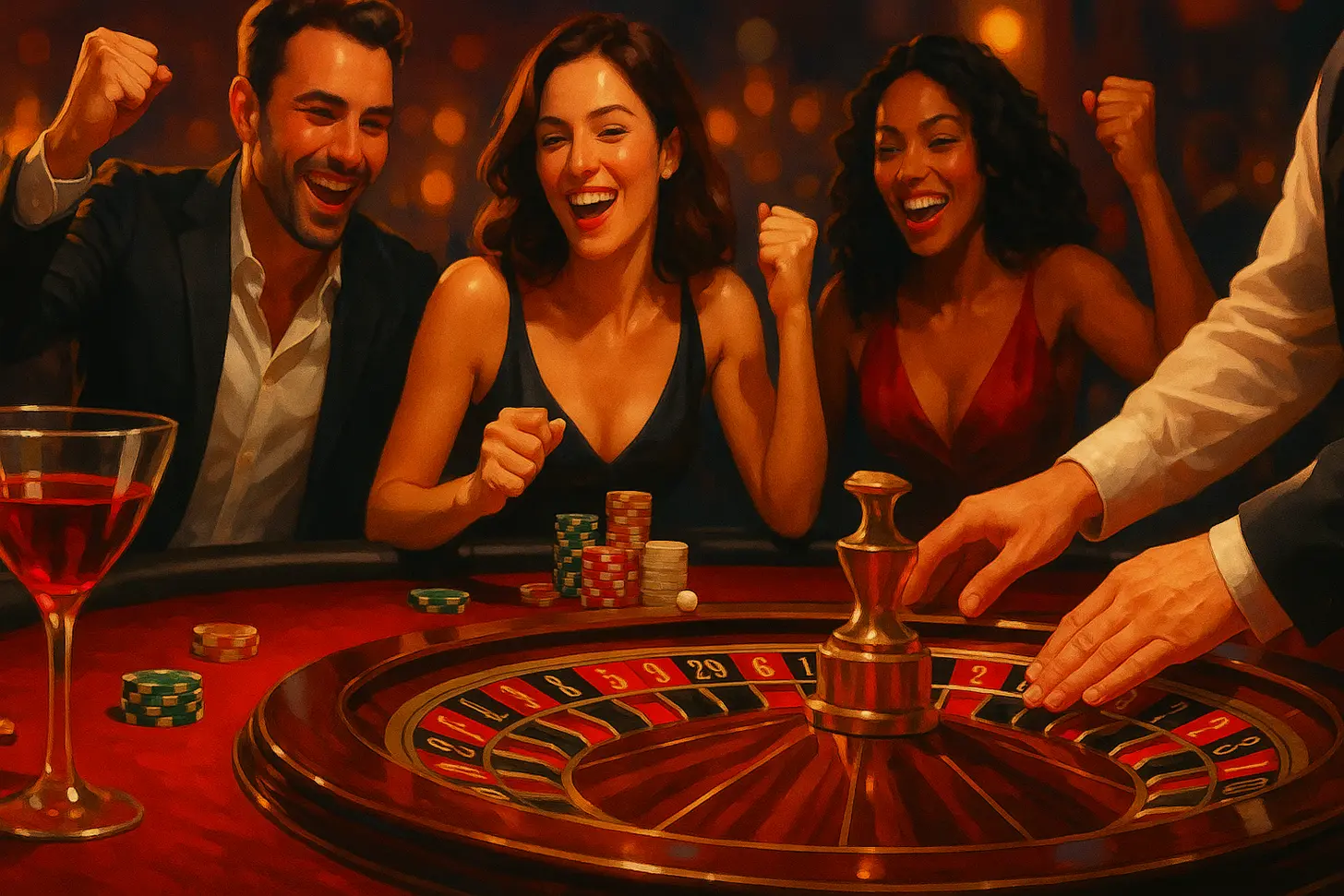 Jugadores celebrando en la mesa de ruleta